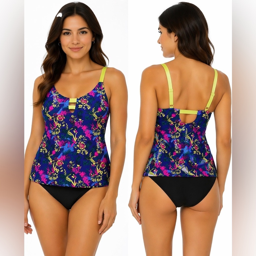 Marika Tankini Top Size Medium NWOT Floral Blue Pink Adjustable Straps Swim Top